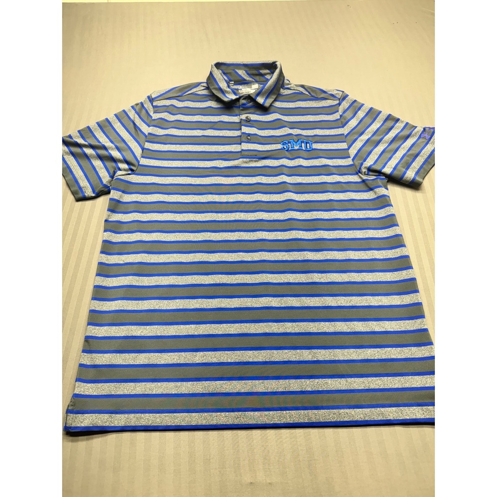 Under Armour SMU Mustangs Polo Shirt Mens Large Gray Blue Striped HeatGear Golf